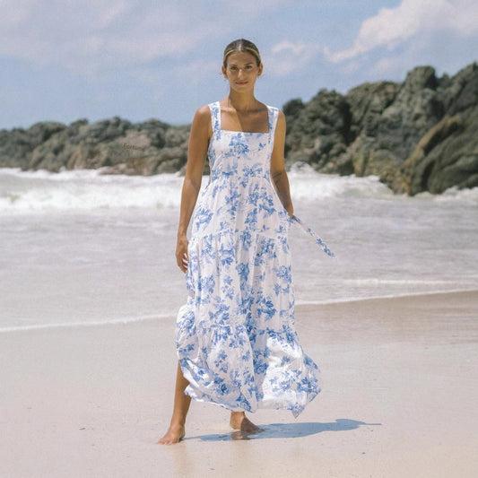 Fresh Print Tie-waist Dress With Pockets And Flared Hem For Vacation